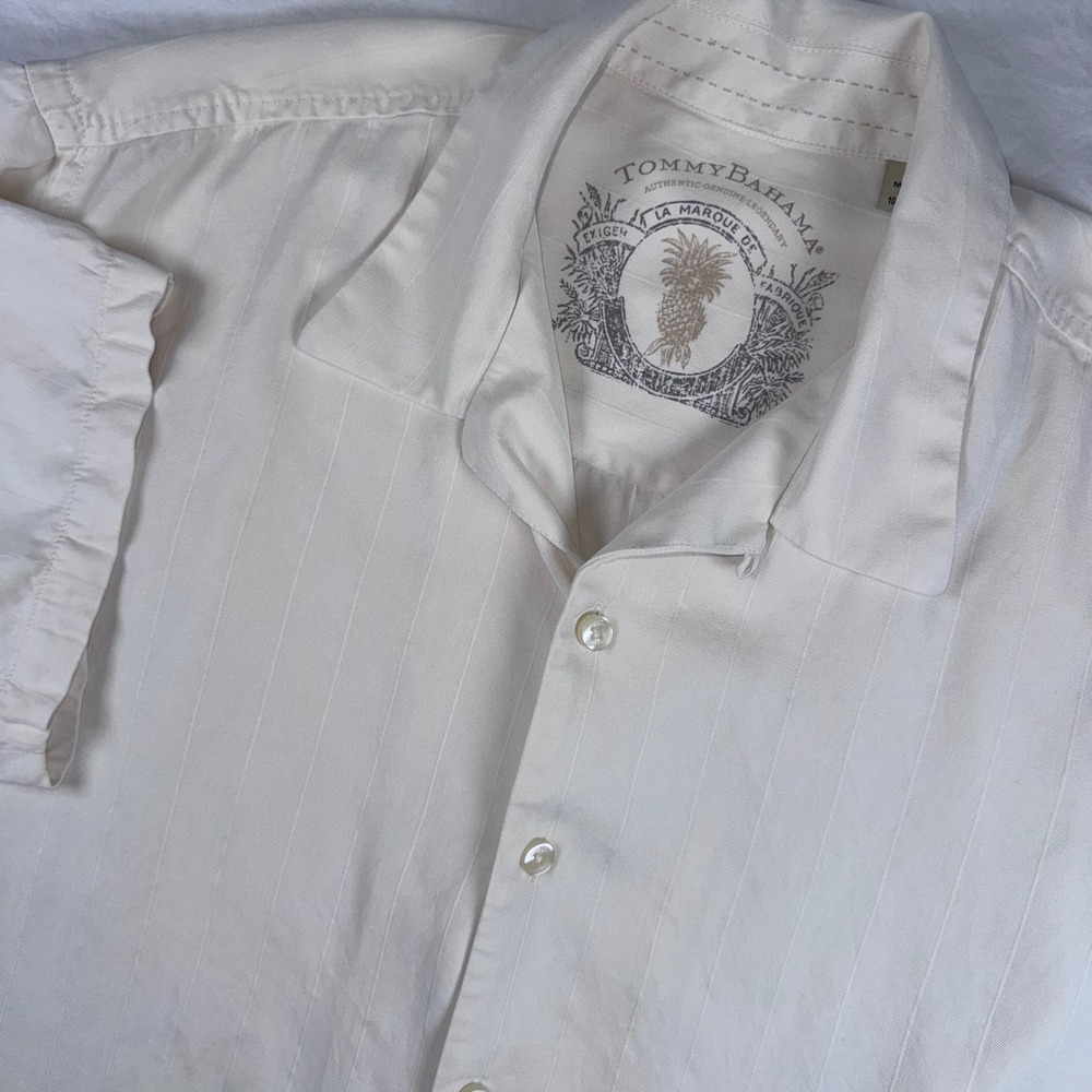 Tommy Bahama Silk Button Up Shirt Mens XL Cream Striped Short Sleeve Camp